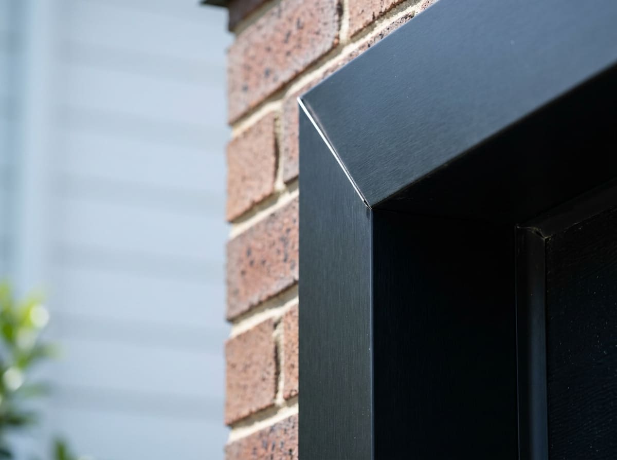 Extreme close view of a mitred corner where matte black aluminium capping across a garage door header meets the capping running down the side jamb, one tight folded seam against red brick