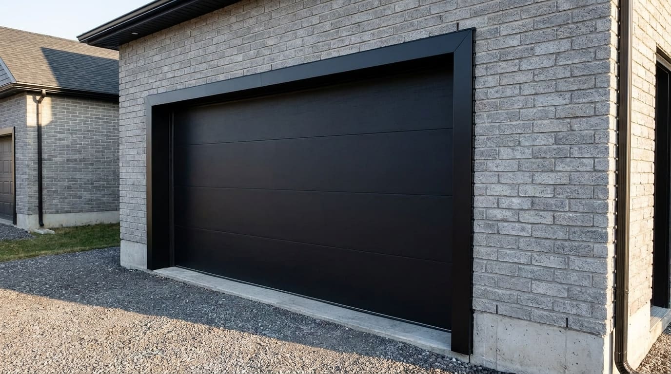 Matte black aluminium capping wrapping the header and both side jambs of a double garage door opening on a grey brick house, the folded mitre corner at the top right in sharp focus