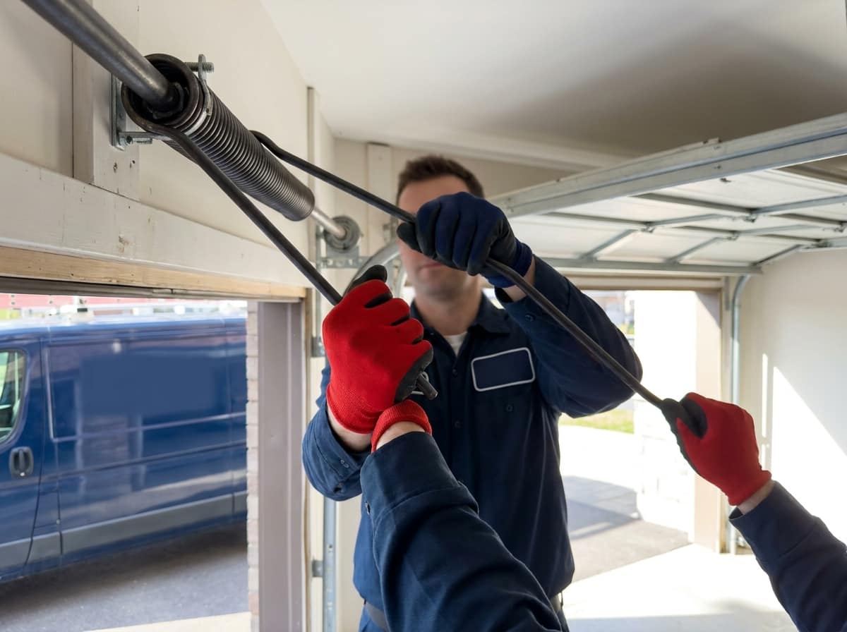 HUSH technician winding a new torsion spring onto the shaft above a residential garage door
