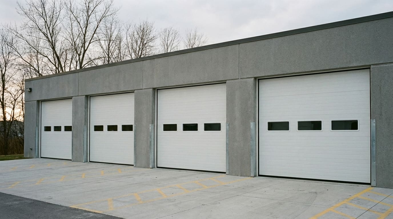 Four white insulated sectional steel commercial garage doors in a row along a grey precast concrete industrial unit, each with a row of rectangular vision lites and a steel jamb guard, and yellow bay markings on the concrete apron