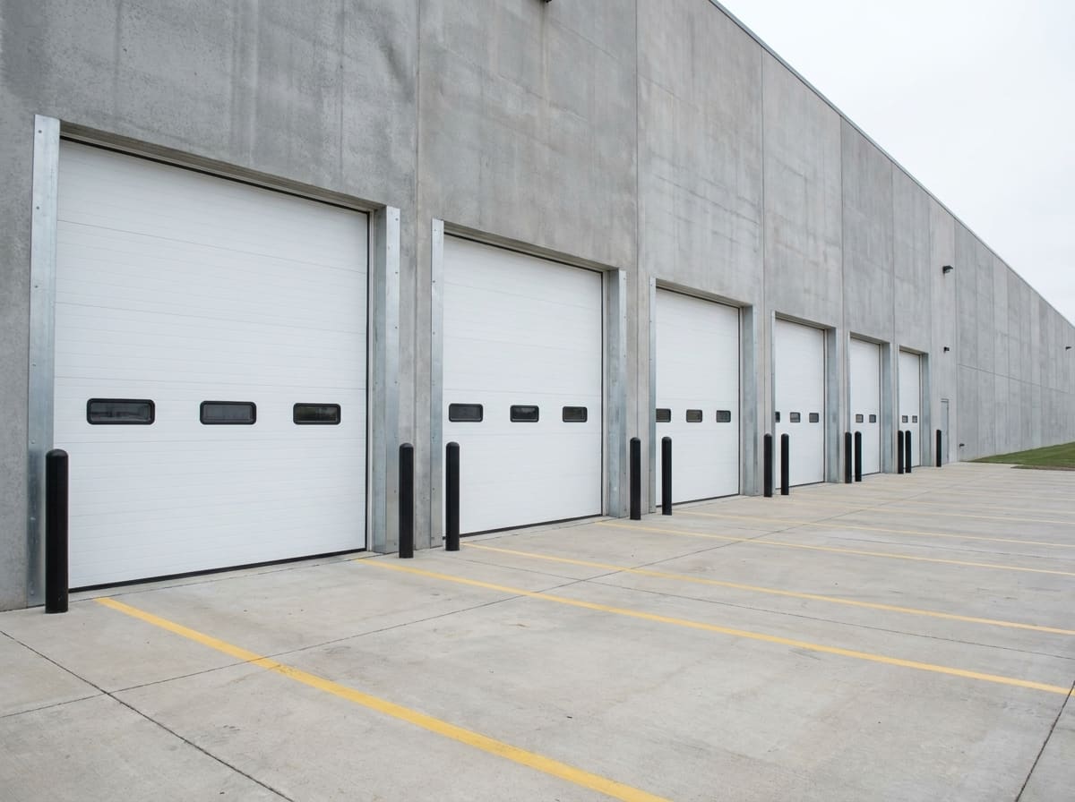 A row of identical white commercial sectional garage doors receding along the face of a long grey concrete industrial building, each flanked by black steel bollards, with yellow bay lines painted on the concrete apron