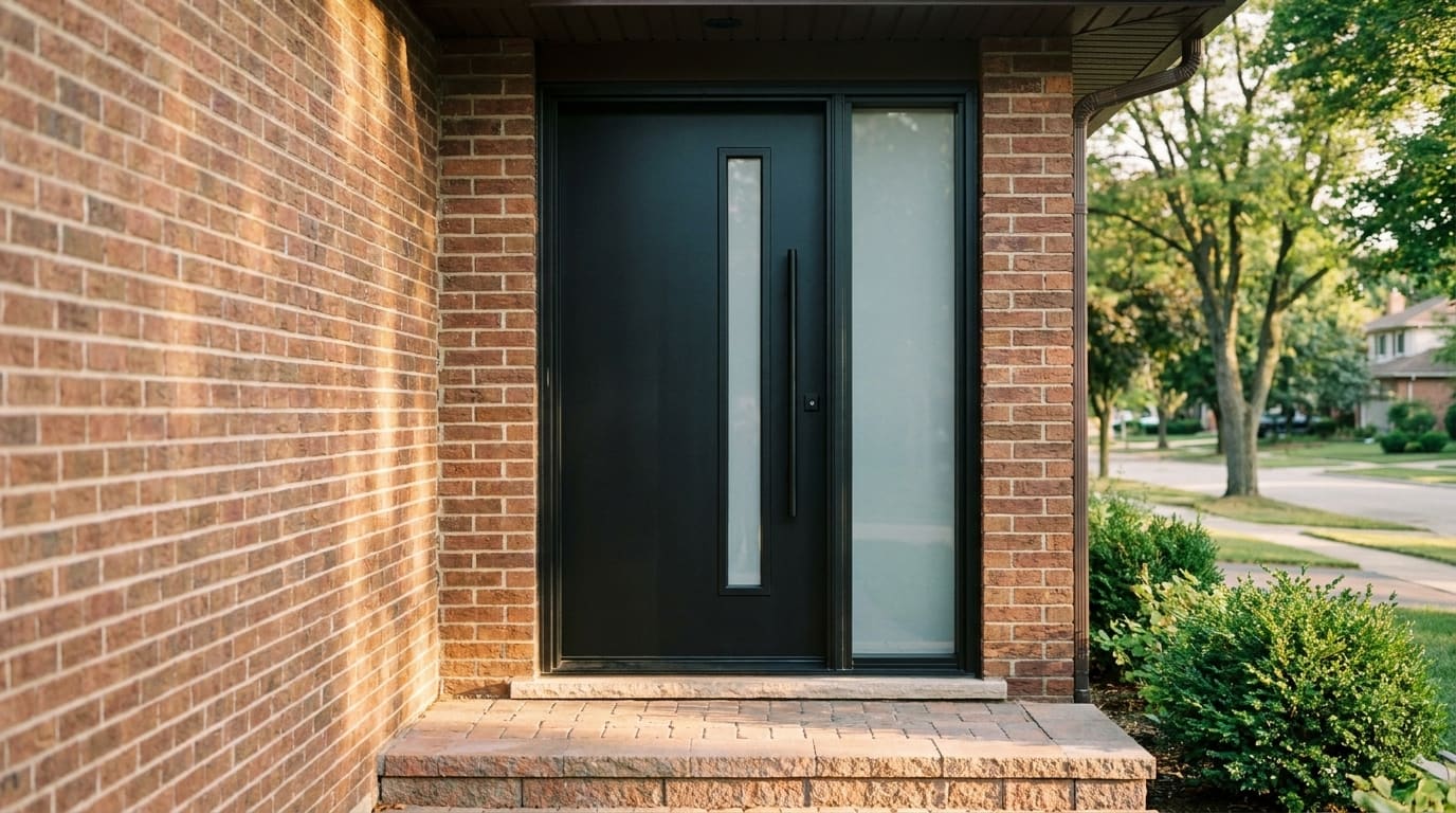 A matte black steel entry door with a narrow frosted glass lite and a long black bar handle, set in a covered brick porch with a sidelight beside it