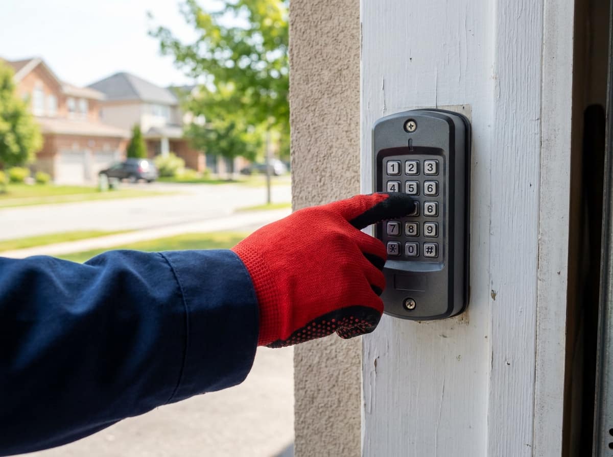 HUSH technician reprogramming a wireless keypad on an Ottawa garage door opener
