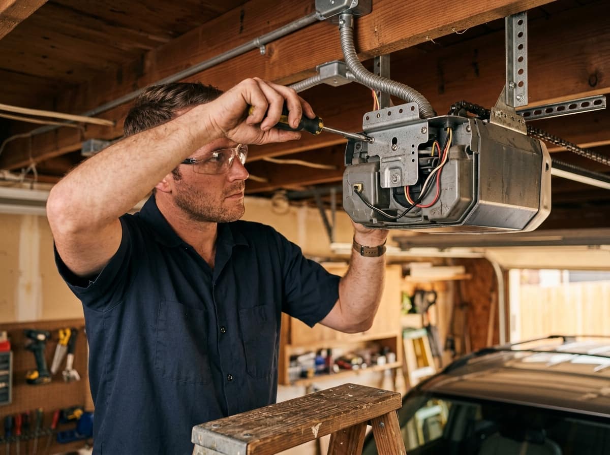 HUSH technician diagnosing a LiftMaster garage door opener motor unit in an Ottawa garage