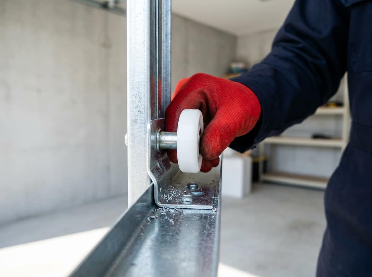 HUSH technician fitting a quiet nylon sealed-bearing roller into an Ottawa garage door track