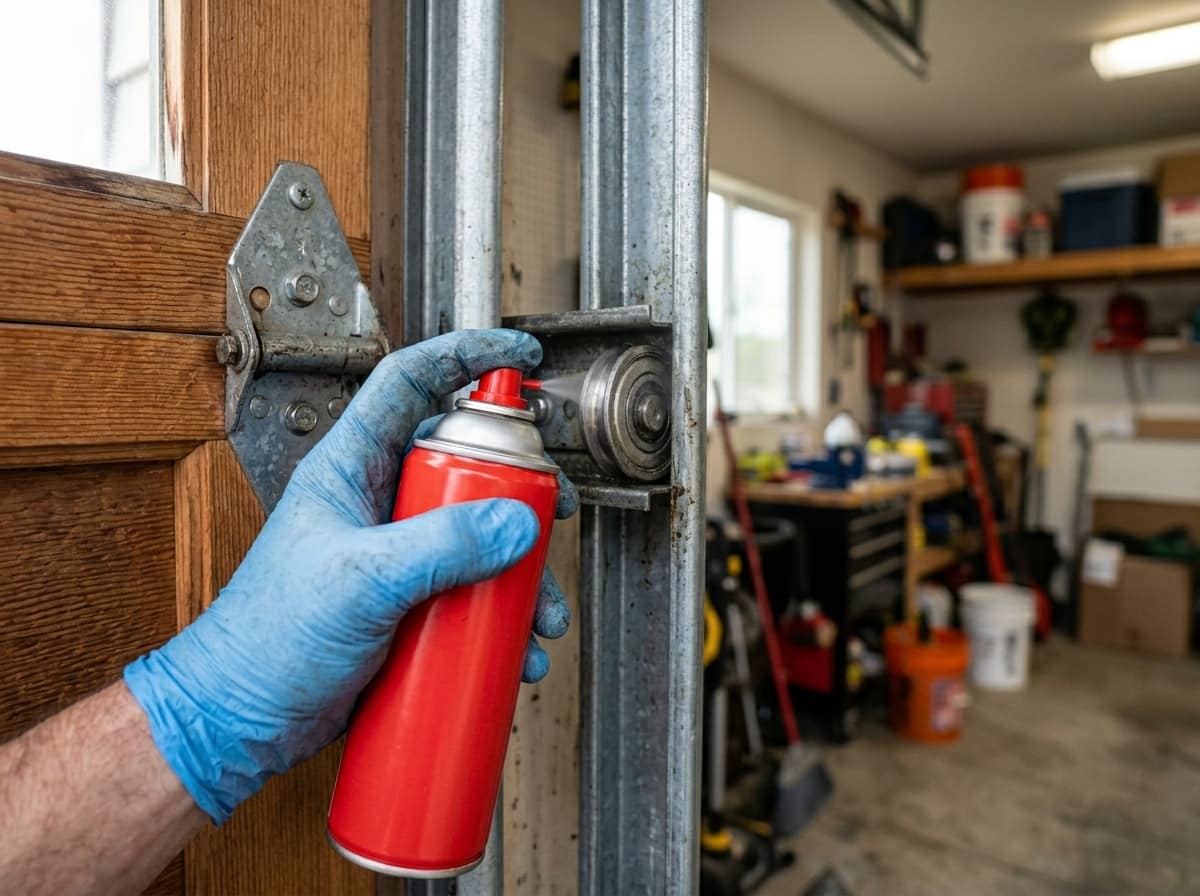 HUSH technician lubricating rollers during an annual garage door maintenance plan visit in an Ottawa garage