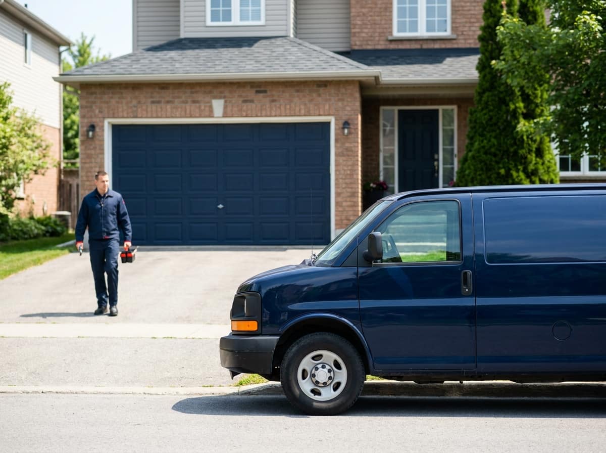 HUSH technician answering a homeowner's garage door questions in an Ottawa garage