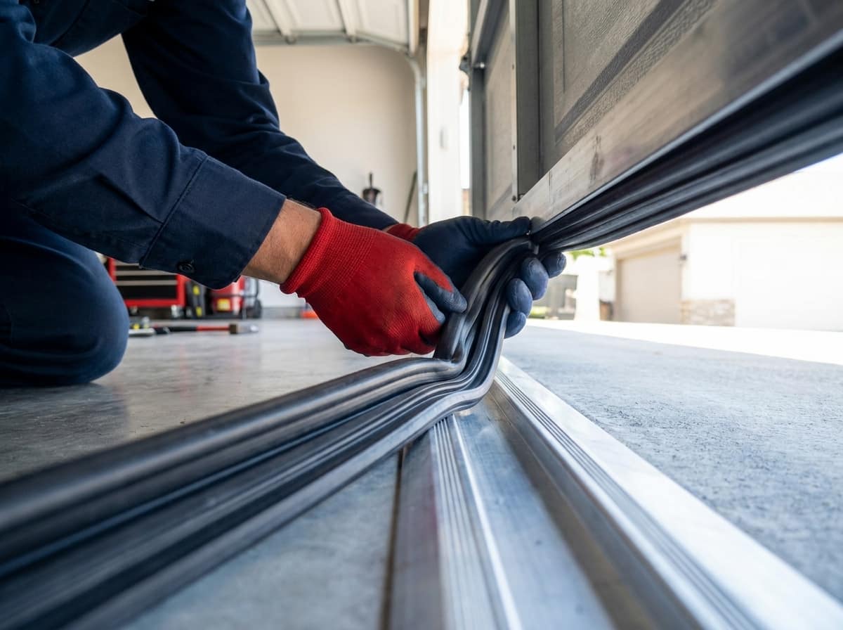 HUSH technician fitting a new cold-rated bottom rubber seal on an Ottawa garage door