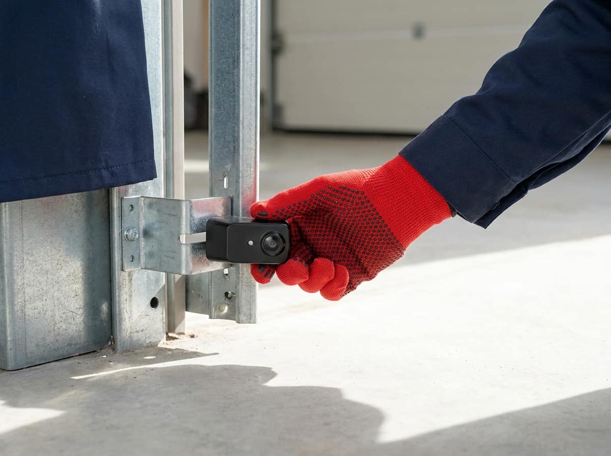 HUSH technician realigning a photo-eye safety sensor on an Ottawa garage door that would not close