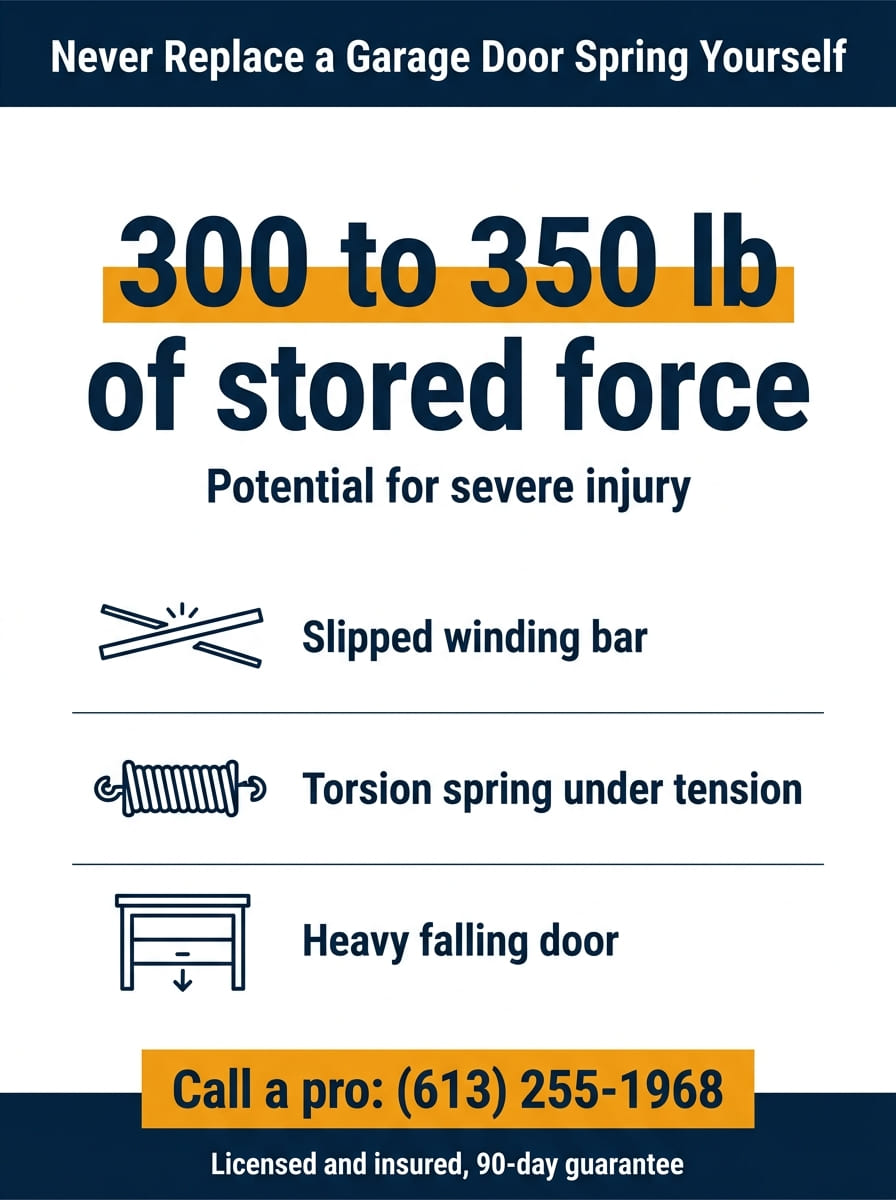 Infographic warning that a wound garage door torsion spring stores 300 to 350 pounds of force, showing three common DIY dangers, a slipped winding bar, a torsion spring under tension, and a heavy falling door, and urging homeowners to call a professional at (613) 255-1968