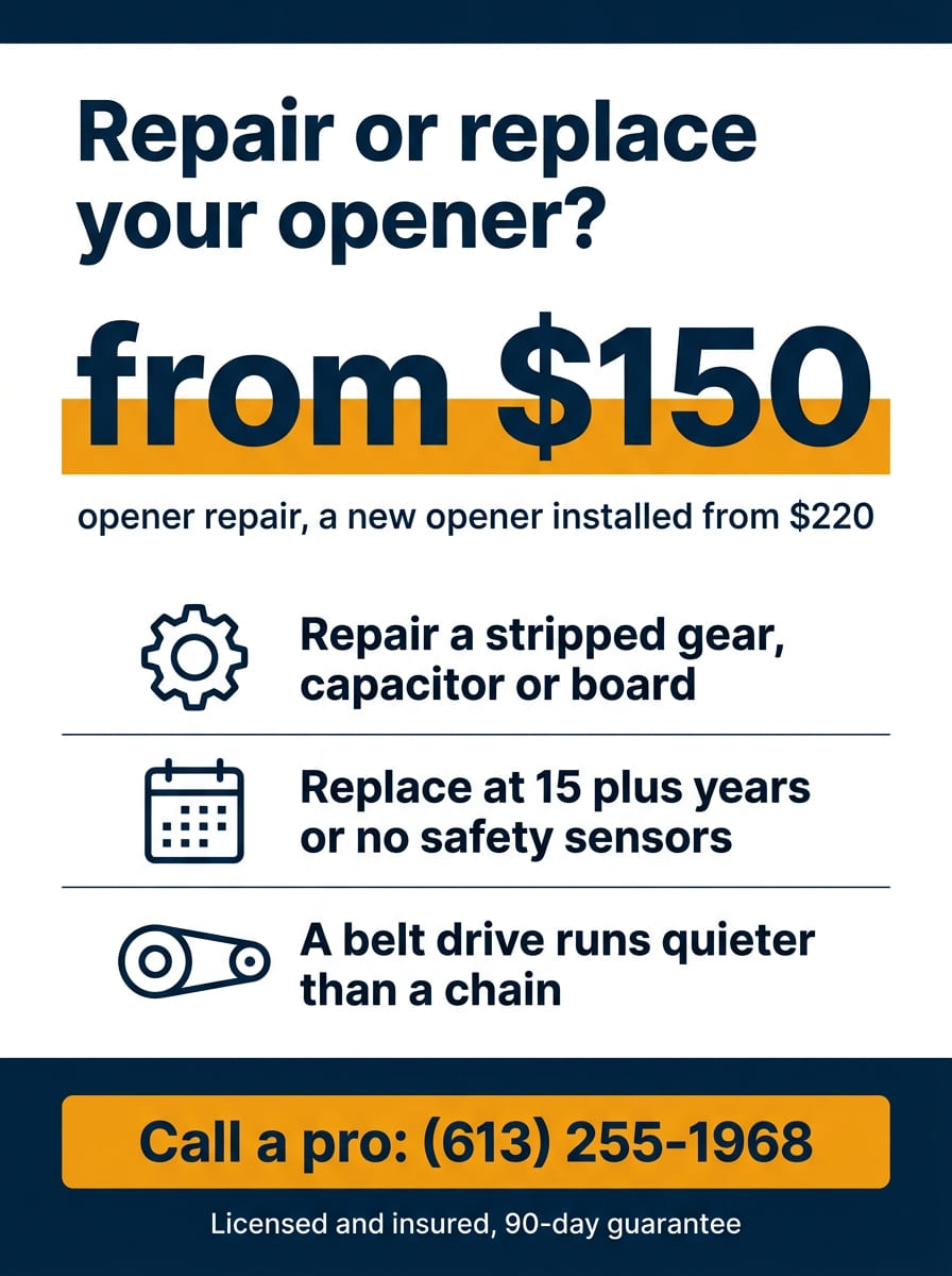Infographic showing garage door opener costs in Ottawa: repair from $150 for a stripped gear, capacitor or board, a new opener installed from $220, replace at 15 plus years or with no safety sensors, and a belt drive is quieter than a chain. HUSH Garage Door Service, call (613) 255-1968.