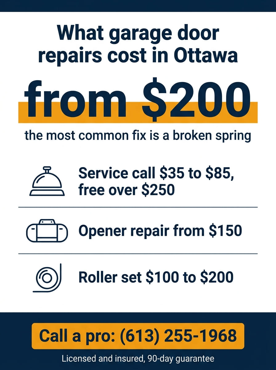 Infographic showing garage door repair prices in Ottawa: a broken spring from $200, opener repair from $150, a roller set $100 to $200, and the $35 to $85 service call free with any repair over $250. HUSH Garage Door Service, call (613) 255-1968.
