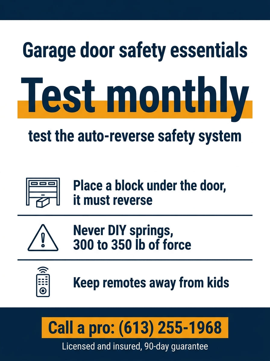Infographic showing how to test the garage door auto-reverse safety system monthly by placing a block under the door so it reverses, why you should never DIY springs that hold 300 to 350 lb of force, and to keep remotes away from kids. HUSH Garage Door Service, call (613) 255-1968.