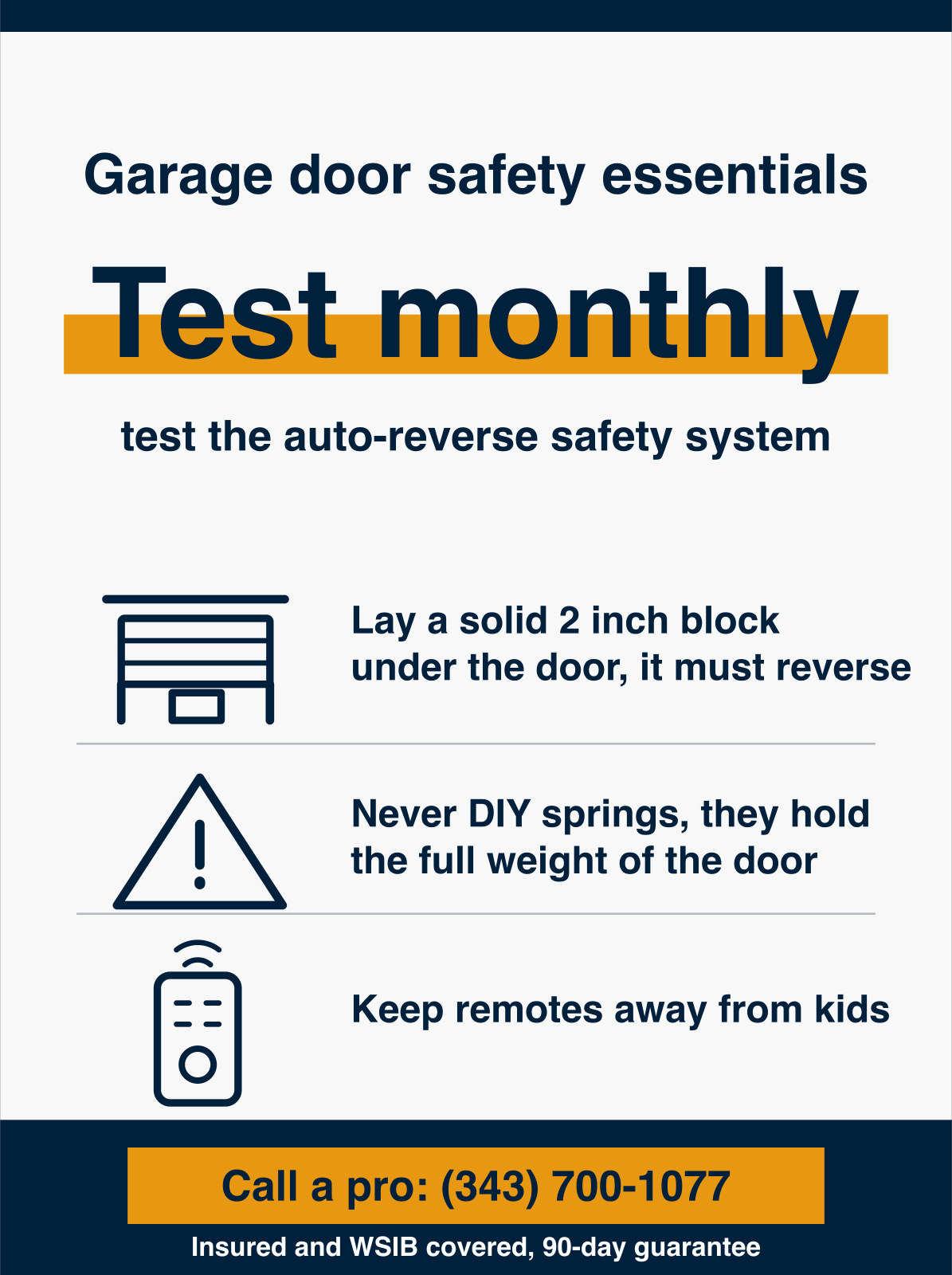Infographic showing how to test the garage door auto-reverse safety system monthly by laying a solid 2 inch block under the door so it reverses, why you should never DIY springs that hold the full weight of the door, and to keep remotes away from kids. HUSH Garage Door Service, call (343) 700-1077.