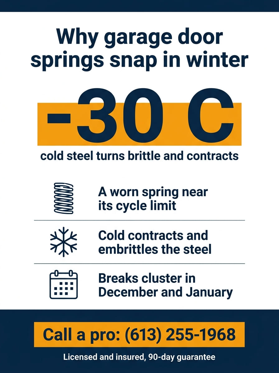 Infographic showing garage door springs snap on the coldest Ottawa mornings near -30 C because cold steel turns brittle and contracts, a worn spring near its cycle limit fails first, and breaks cluster in December and January. HUSH Garage Door Service, call (613) 255-1968.