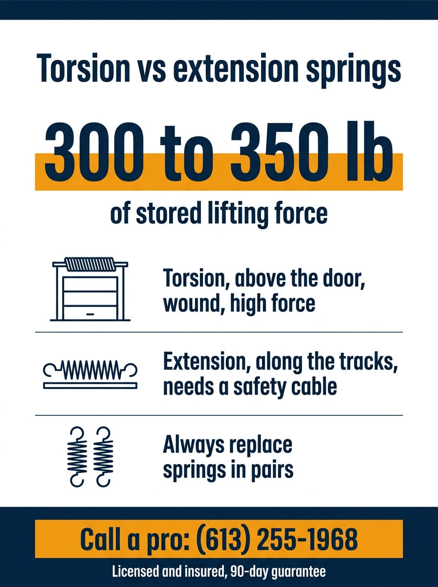 Infographic showing a wound torsion spring stores 300 to 350 lb of lifting force, torsion springs mount above the door and are wound, extension springs run along the tracks and need a safety cable, and springs are always replaced in pairs. HUSH Garage Door Service, call (613) 255-1968.
