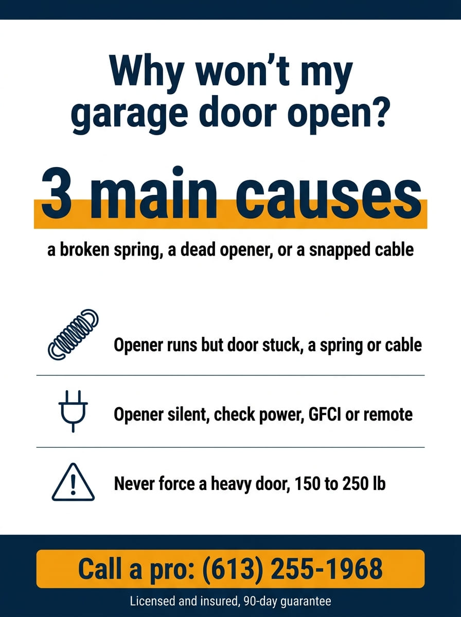 Infographic showing a garage door that will not open has 3 main causes, a broken spring, a dead opener, or a snapped cable, with a stuck door pointing to a spring or cable and a silent opener pointing to power, the GFCI, or the remote, and a warning never to force a 150 to 250 lb door. HUSH Garage Door Service, call (613) 255-1968.