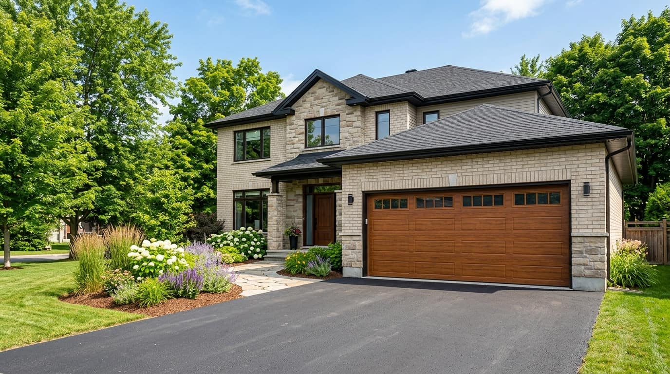 A freshly installed modern insulated Garaga garage door with a warm woodgrain finish and windows on an upscale Ottawa home with great curb appeal