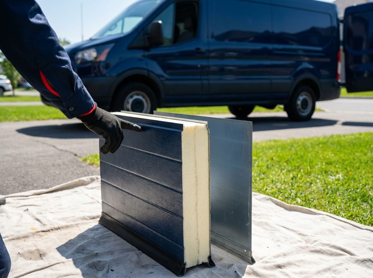 Edge of an insulated steel garage door section with a foam core, beside a thin single-skin non-insulated steel section.