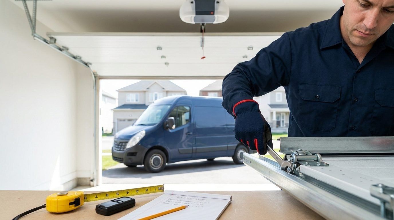 A tape measure, an opener remote and a notepad of door measurements on a workbench in front of a closed garage door